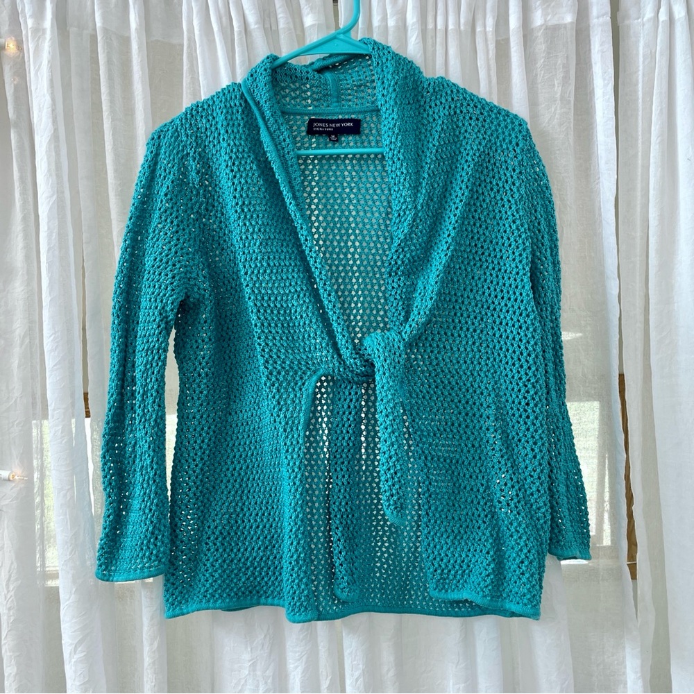 100% Cotton Jones New York Turquoise Crochet Cardigan Tie Sweater